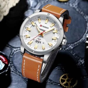 Side view of CURREN 8376 waterproof men’s analog leather strap watch