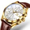 OLEVS men’s leather strap quartz watch close up