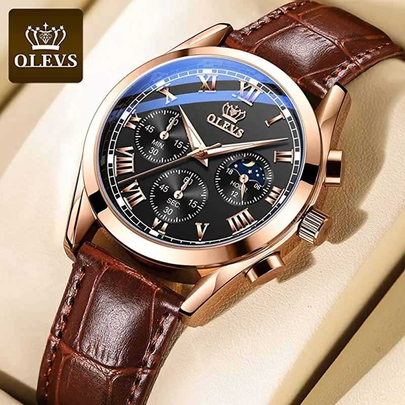 olevs-mens-analog-leather-belt-watch-5610 OLEVS men’s quartz leather strap watch front view